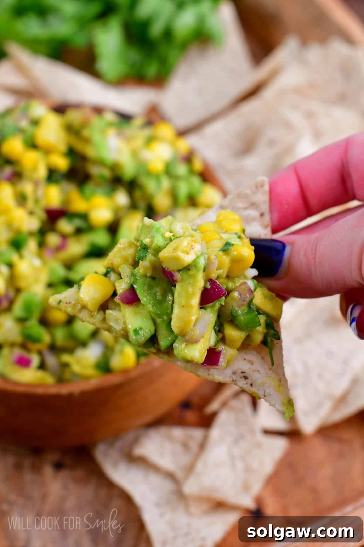 A hand holding a tortilla chip generously topped with fresh avocado salsa, with a bowl of the vibrant salsa blurred in the background, ready for dipping.