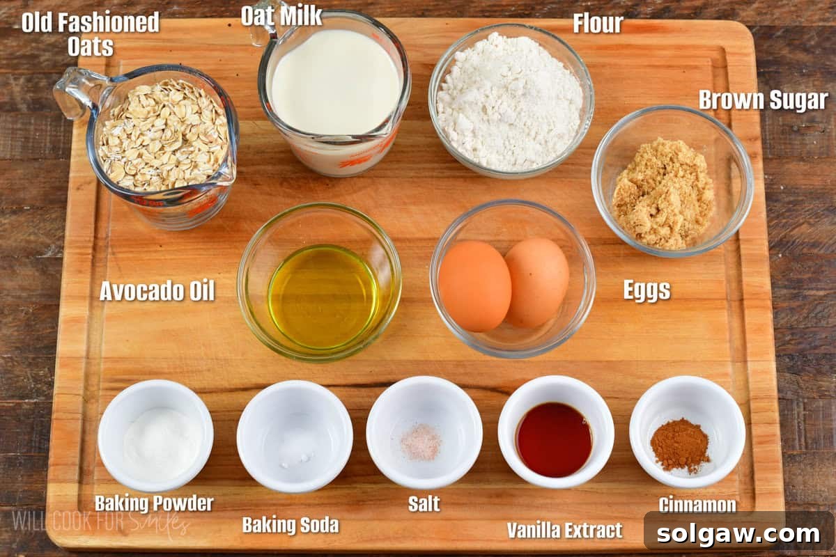 infographic of ingredients to make oatmeal pancakes on the cutting board.