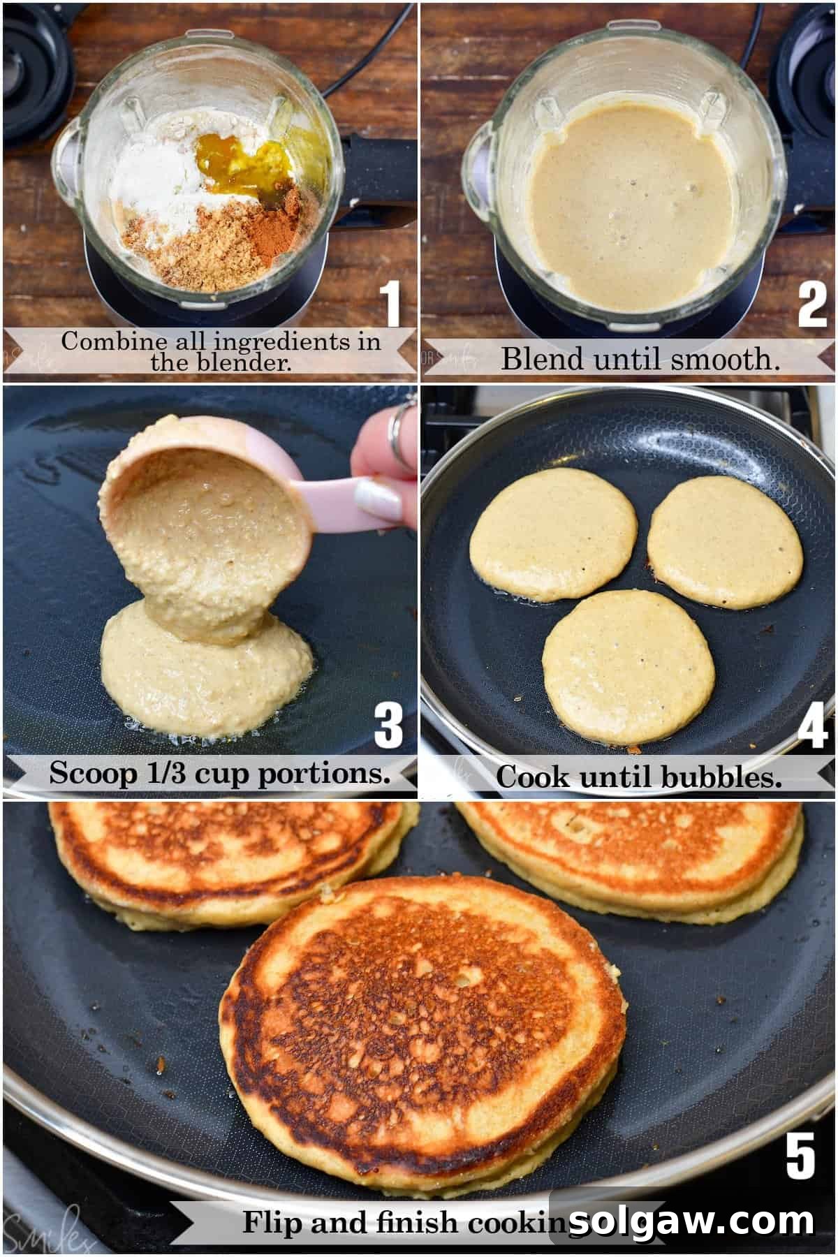 infographic of five images of making blender oatmeal pancakes steps.