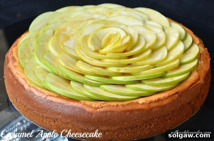 A top-down shot of the apple cheesecake, showcasing the beautifully arranged apple slices on its surface, ready to be served.