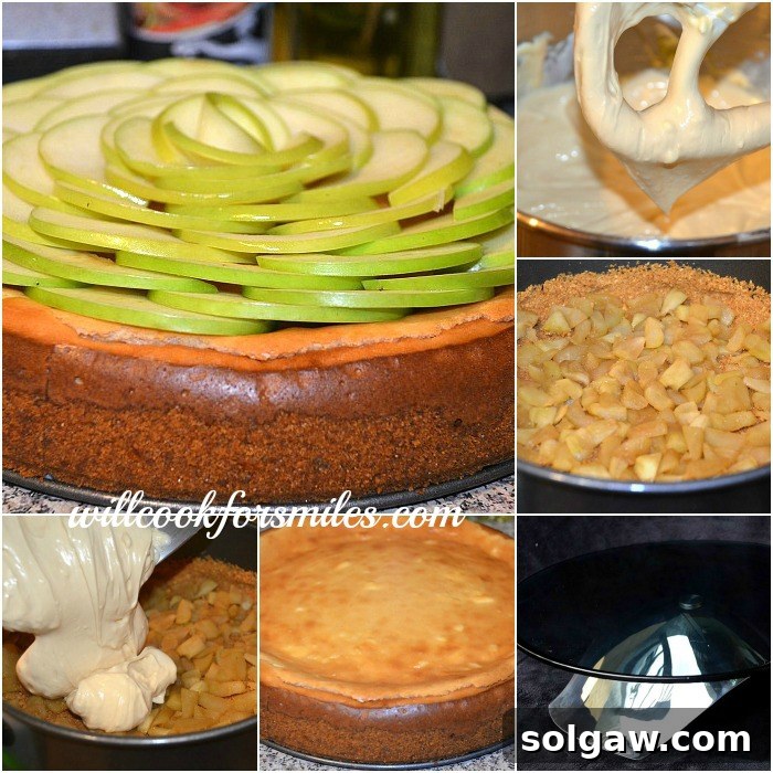 A step-by-step collage of the caramel apple cheesecake making process, from mixing ingredients to assembly.
