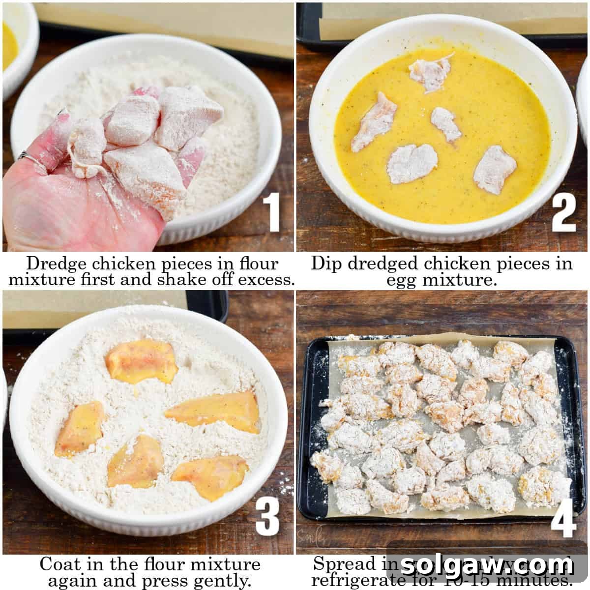 Crispy Chicken Bites 4 infographic of four images of steps to bread the boneless chicken wings.