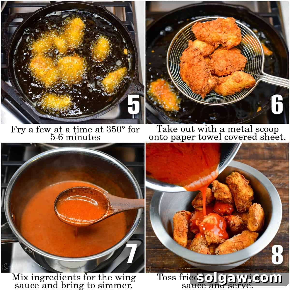 Crispy Chicken Bites 5 infographic of cooking steps for boneless wings and adding sauce.