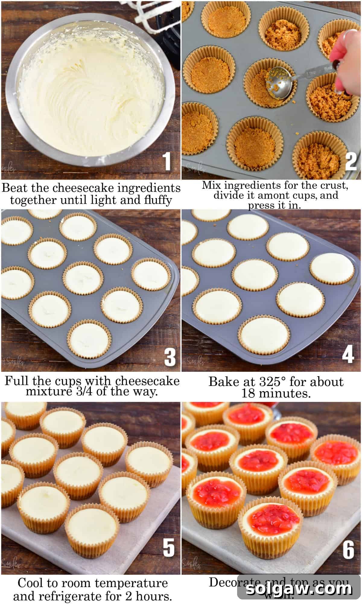 infographic of six images of steps to make the mini cheesecakes.