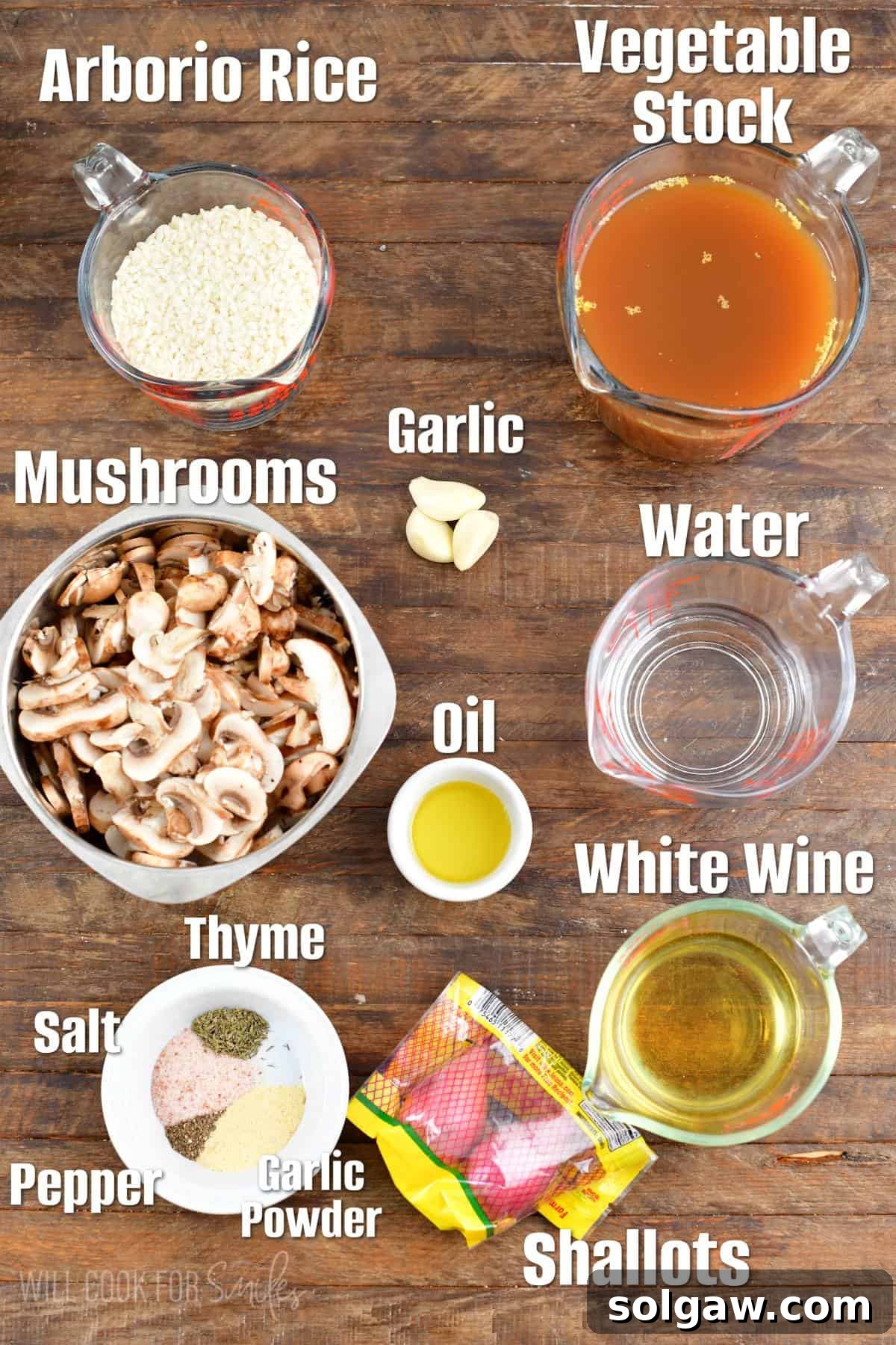 Labeled ingredients to make mushroom risotto on wooden background.