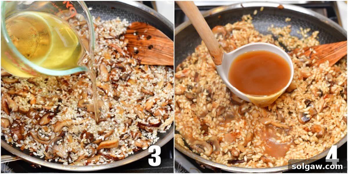 collage of two images, wine being poured into pan, stock being poured into pan.