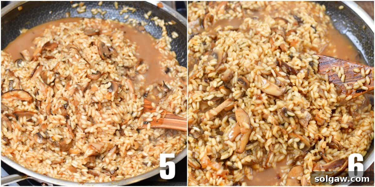 collage two images rice and mushrooms in a pan with a wooden spoon, stirring rice with wooden spoon.