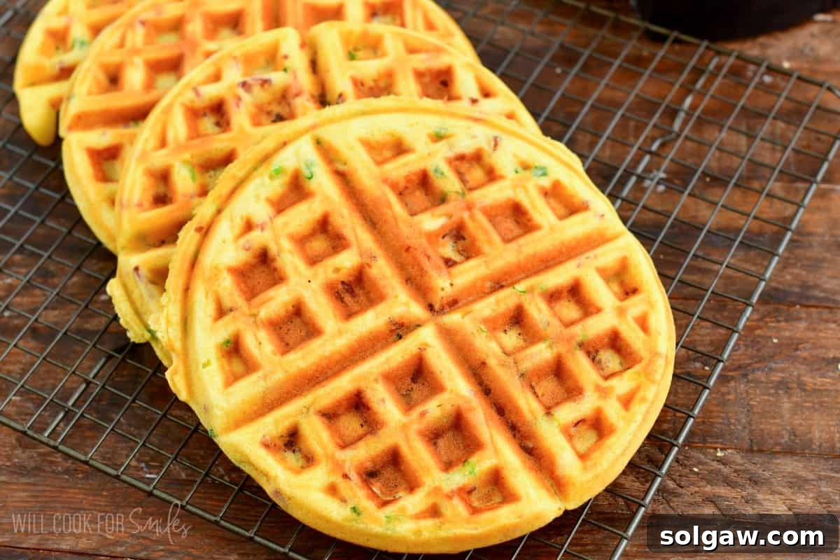 Four cooked savory waffles on a wire cooking rack, cooling and ready to be served.
