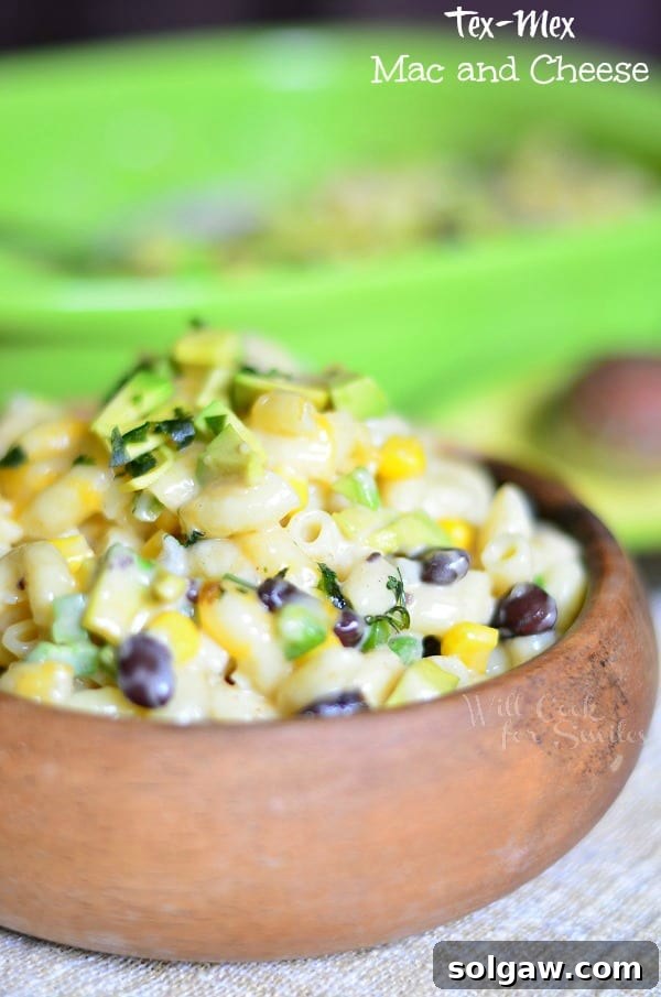 Tex-Mex Mac and Cheese in a wood bowl