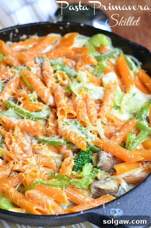 Pasta Primavera in a cast iron skillet