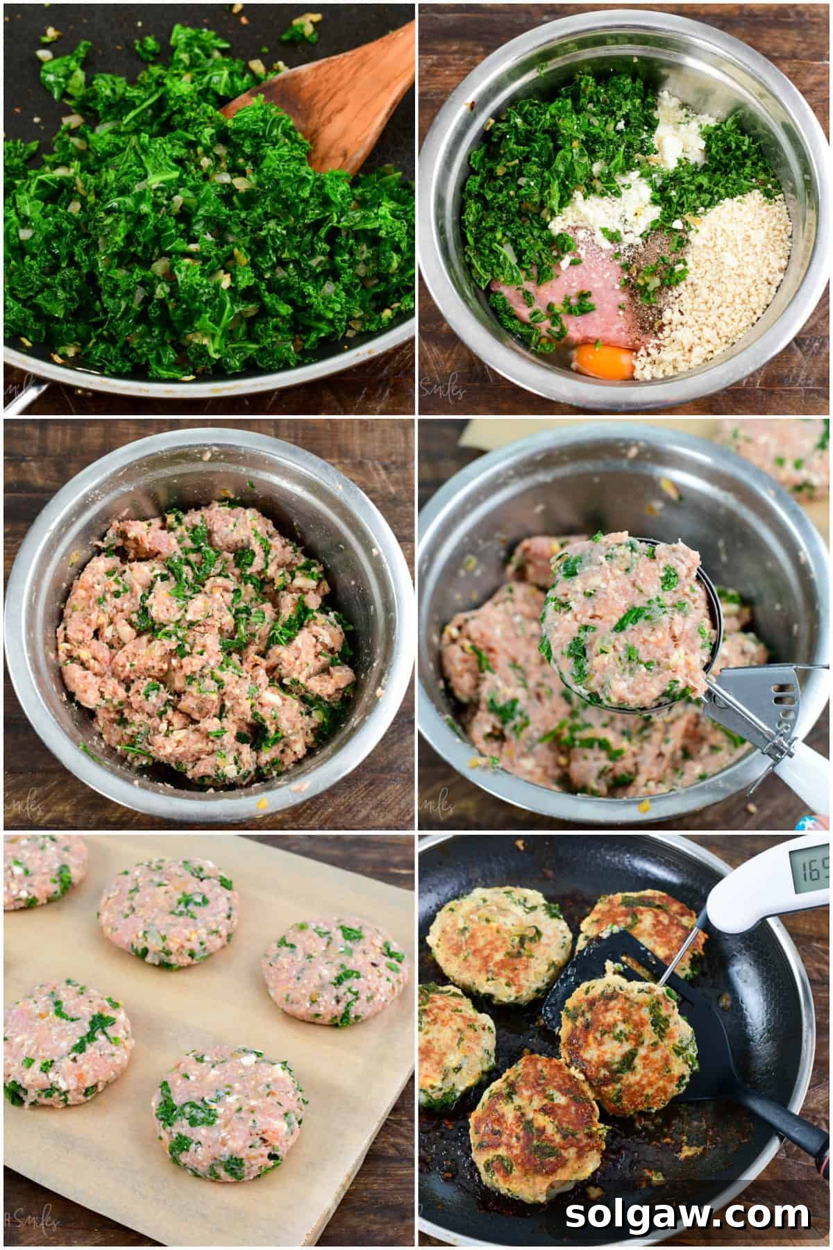 A collage of six images showing step-by-step preparation of Kale and Feta Turkey Burgers, from mixing ingredients to forming patties and cooking.