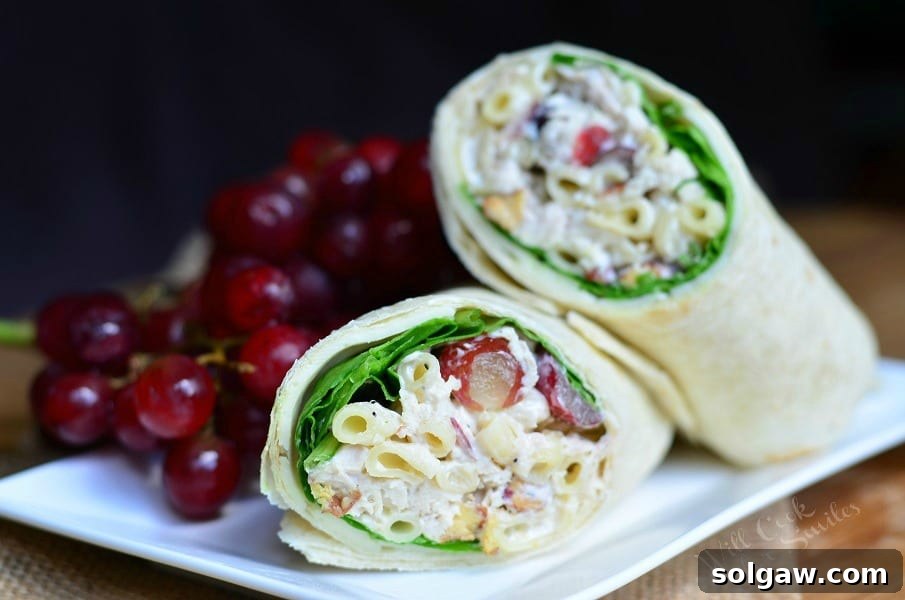 Sweet and Savory Chicken Macaroni 5 A wrap made with chicken deluxe salad and lettuce on a plate with a grapes in background.