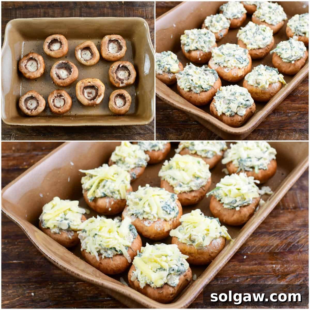 Creamy Spinach Artichoke Stuffed Mushrooms 5 three images of cleaned out and seasoned mushroom caps, mushroom caps stuffed with creamy mixture and then topped with cheese.