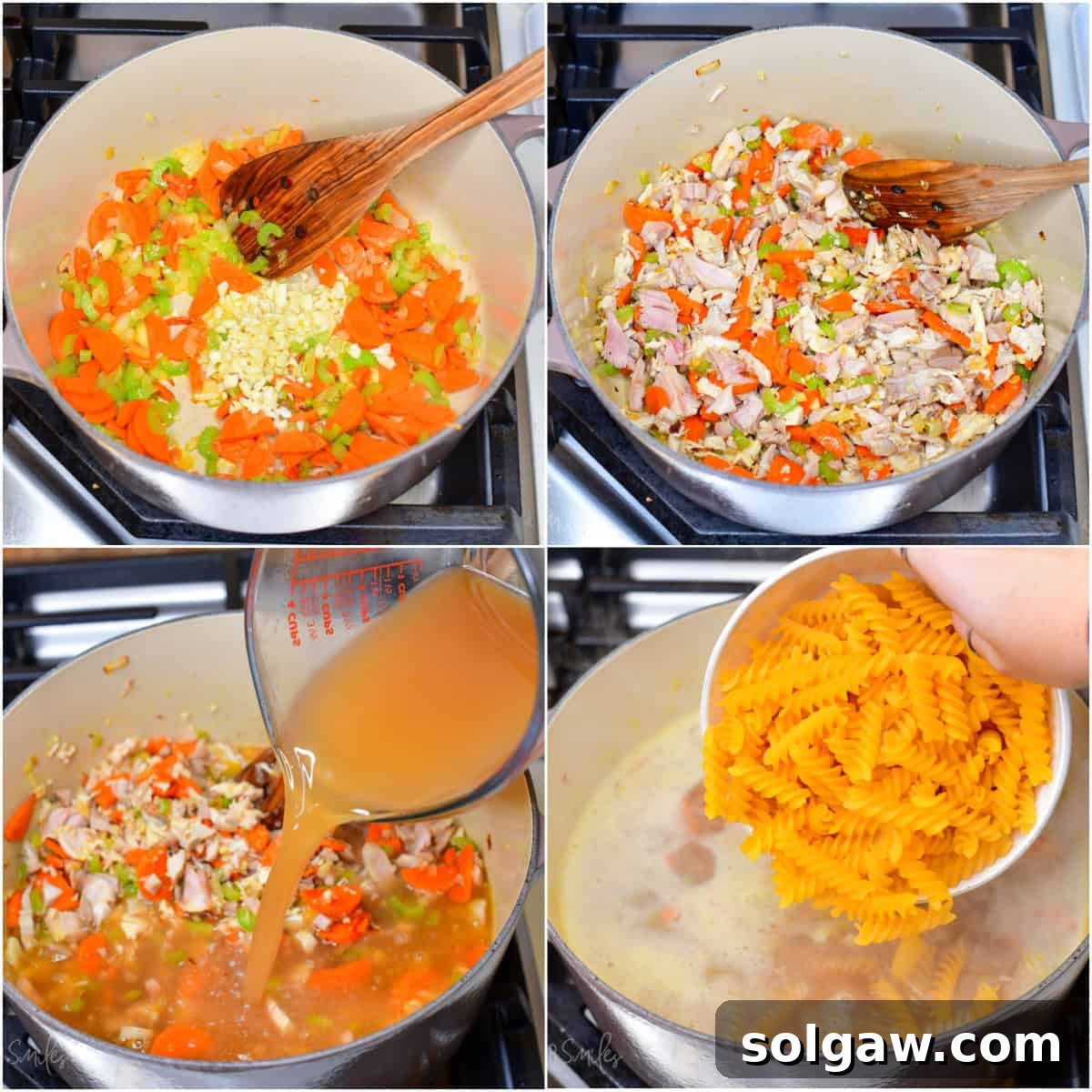 collage of four images of sautéing vegetables, adding leftover turkey, then rich homemade broth, and pasta.
