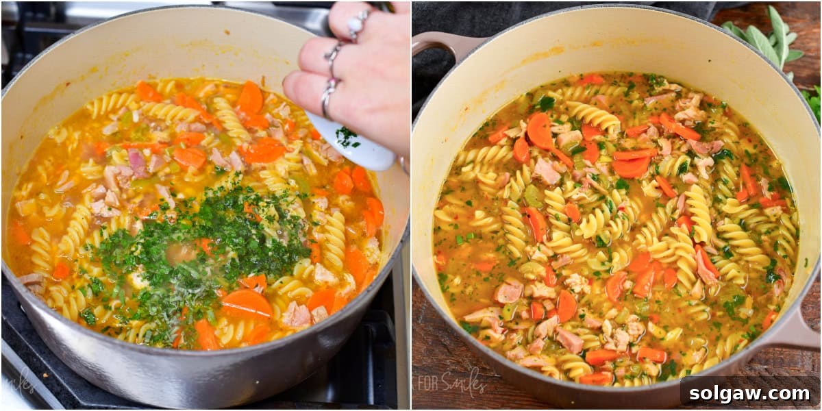 collage of two images of finishing the soup with fresh herbs and finished soup in a pot.