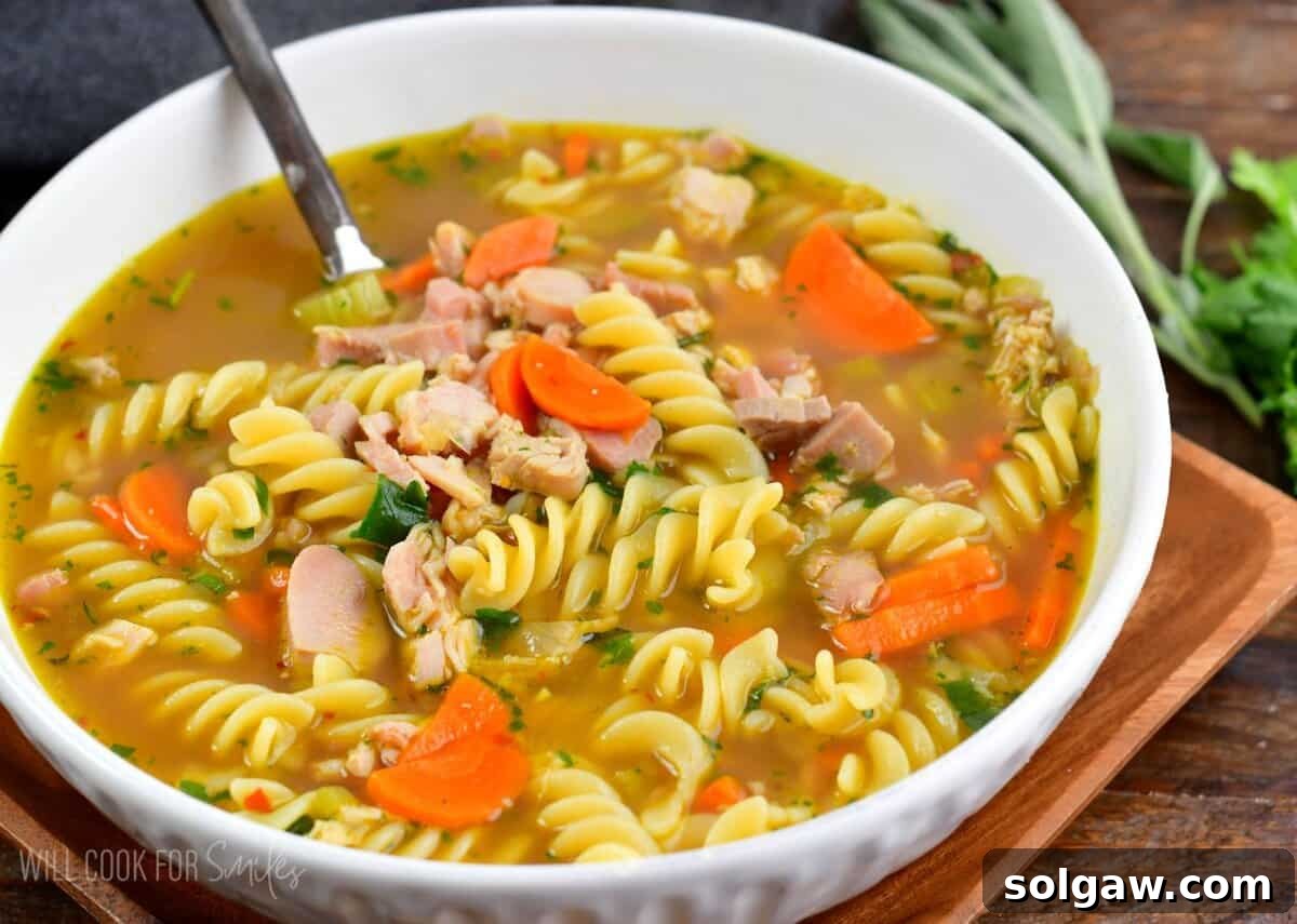 Turkey noodle soup made with leftover Thanksgiving turkey, veggies, and fresh herbs.