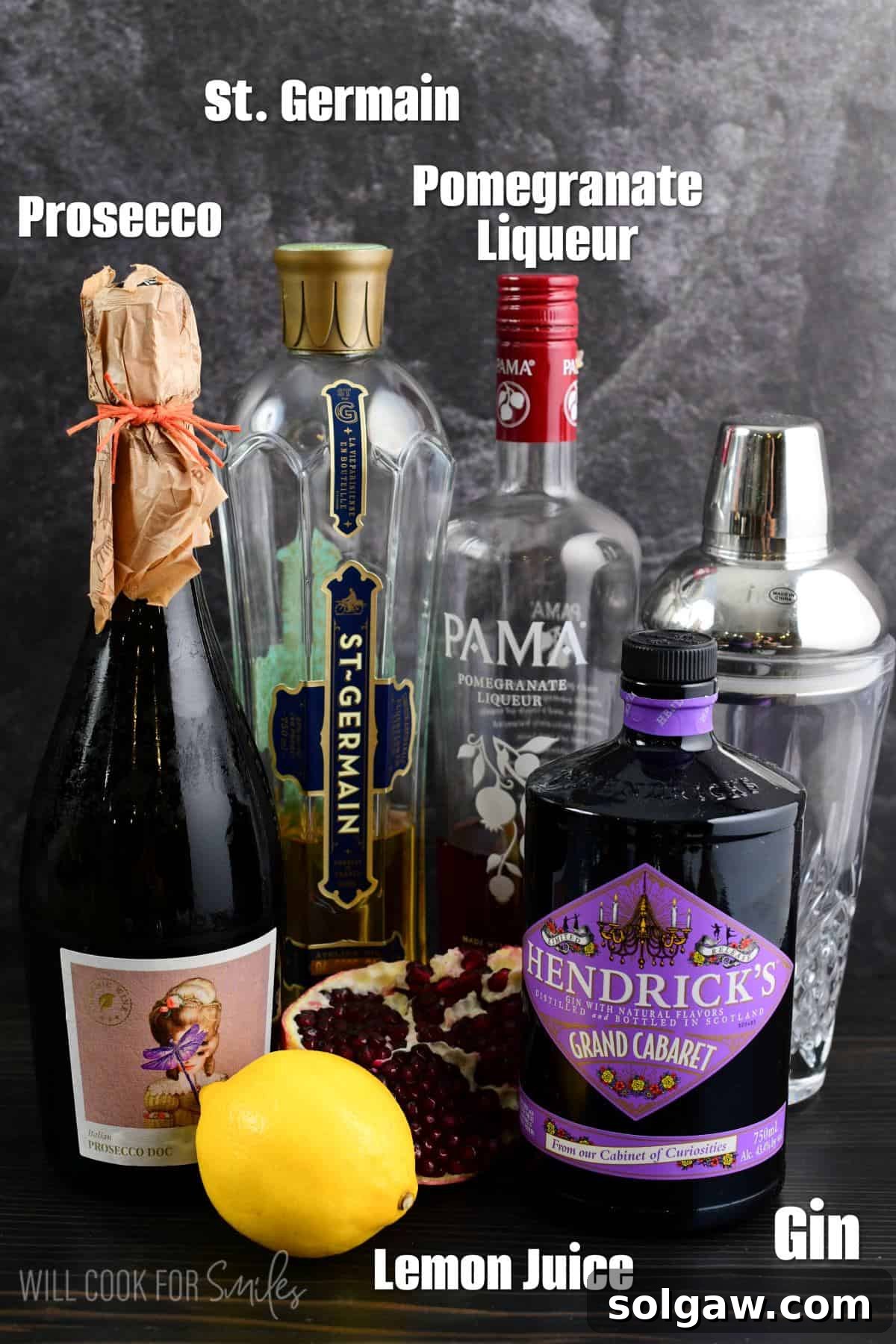 ingredients in bottles to make the pomegranate gin cocktail.