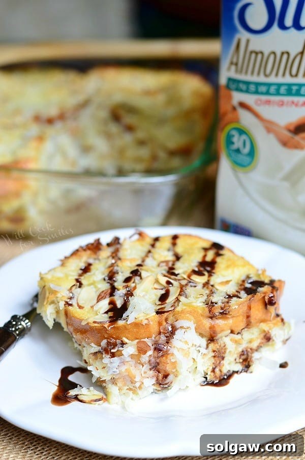 Close-up of Almond Joy French Toast Bake, showcasing coconut and almond toppings