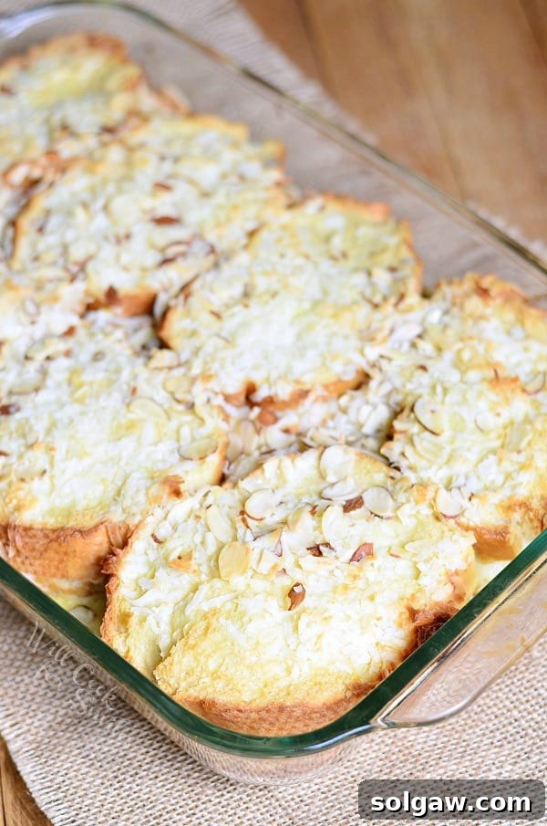 Almond Joy French Toast Bake plated, ready to serve for breakfast or brunch