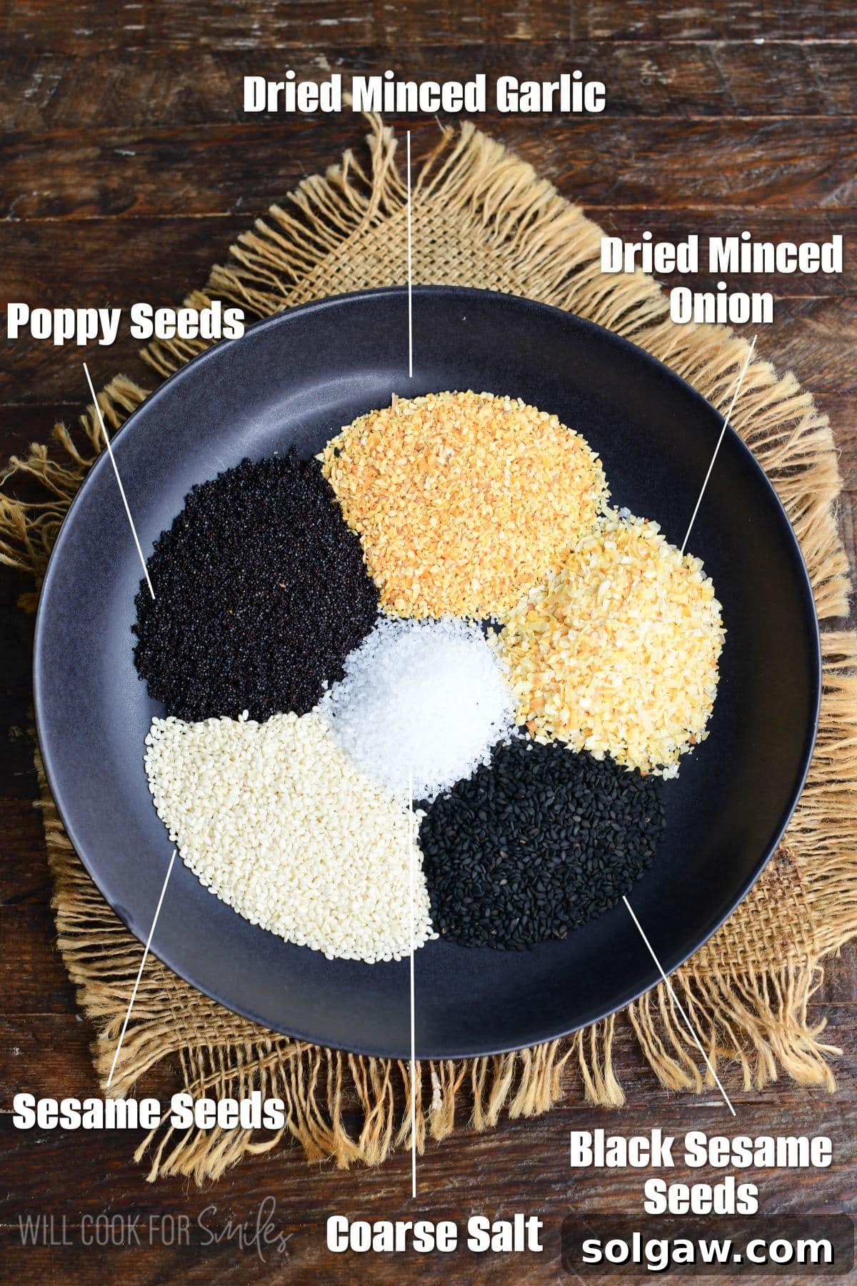 Labeled ingredients for Everything Bagel Seasoning laid out neatly on a black plate, showcasing white sesame seeds, black sesame seeds, poppy seeds, minced dried garlic, minced dried onion, and coarse salt.