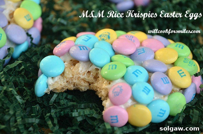 A selection of M&M Rice Krispie Easter Eggs presented beautifully, ready to be enjoyed