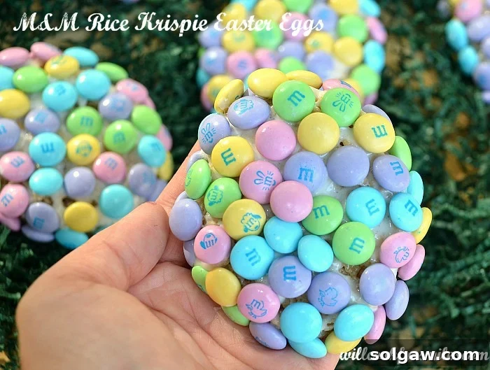 M and M Krispie Easter Delights 8 A beautifully arranged plate of M&M Rice Krispie Easter Eggs, showcasing their colorful details