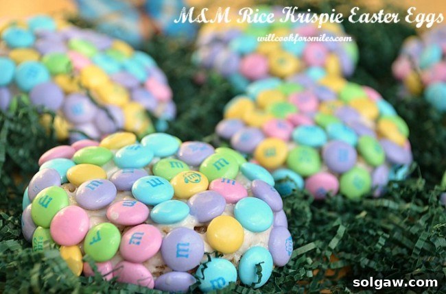 M and M Krispie Easter Delights 9 Another close-up shot of M&M Rice Krispie Easter Eggs, emphasizing the texture and candy coating