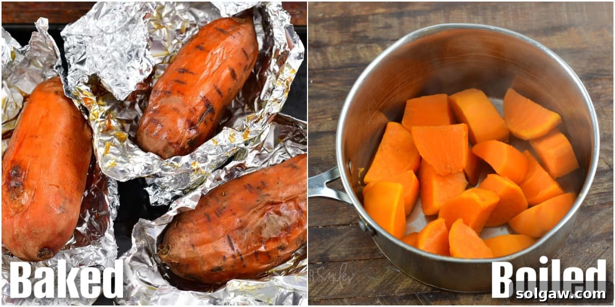 collage of two images of baked potatoes and boiled potatoes.