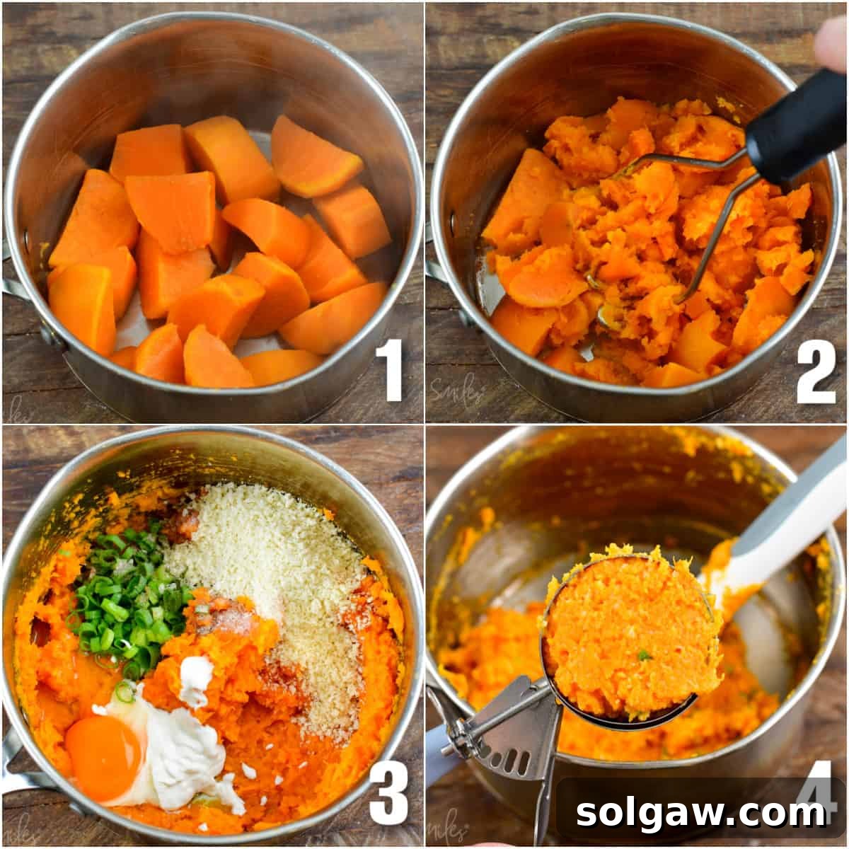 One image shows a pot that's halfway filled with cooked sweet potato chunks. They are being mashed in the second image. All of the other ingredients are added to the potatoes in the third image. In the fourth image, a scoop of the potato mixture is lifted from the pot. 