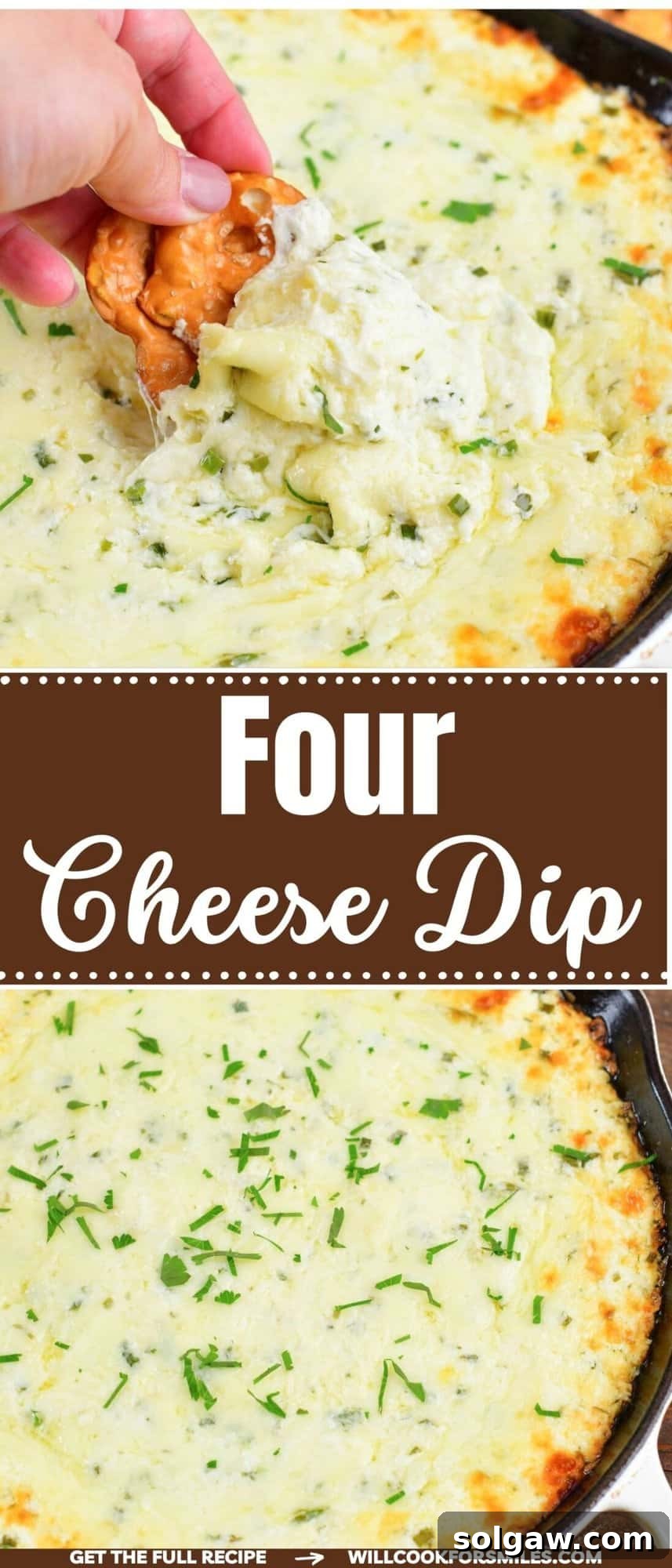 collage of two closeup images of four cheese dip and title: Amazing Easy Four Cheese Dip!