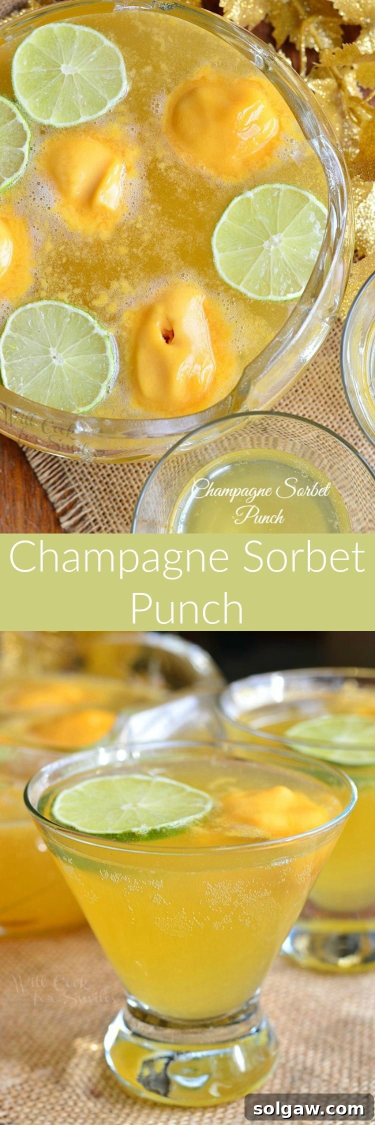 Effervescent Sorbet Elixir 8 Large punch bowl of Champagne Sorbet Punch with lime slices, surrounded by individual servings in glasses, highlighting its festive appeal.