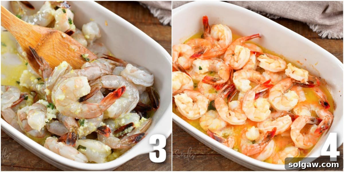 Collage of two images of mixing shrimp with seasoned butter and baked shrimp.