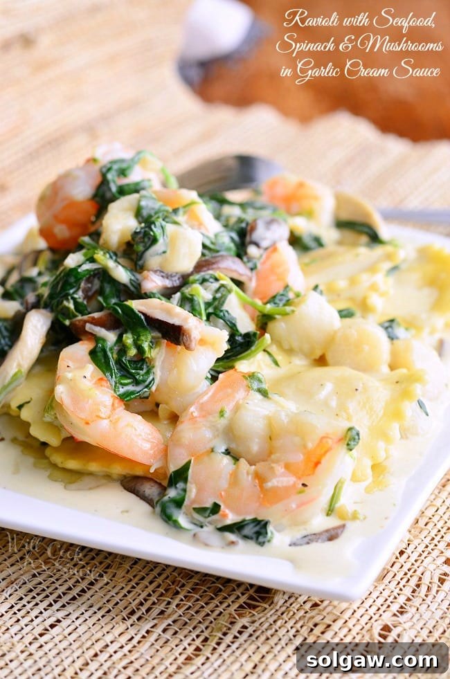 A beautifully plated dish of Four Cheese Ravioli with Shrimp, Scallops, Spinach, and Shiitake Mushrooms in a creamy garlic sauce, ready to impress.