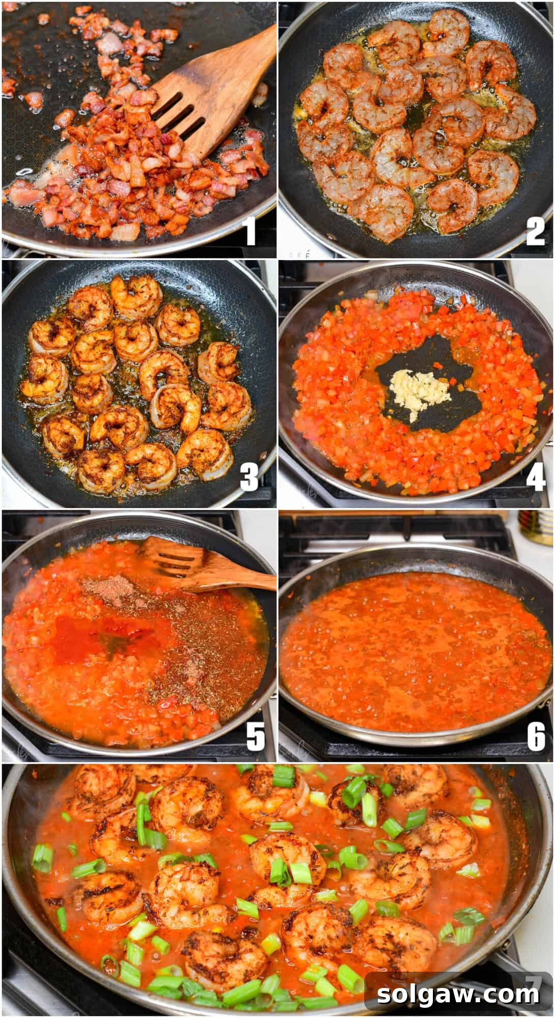 Bayou Shrimp and Rice 4 A collage of seven sequential photos illustrating the process of cooking Cajun shrimp and rice in a skillet, from sautéing bacon to simmering the sauce.