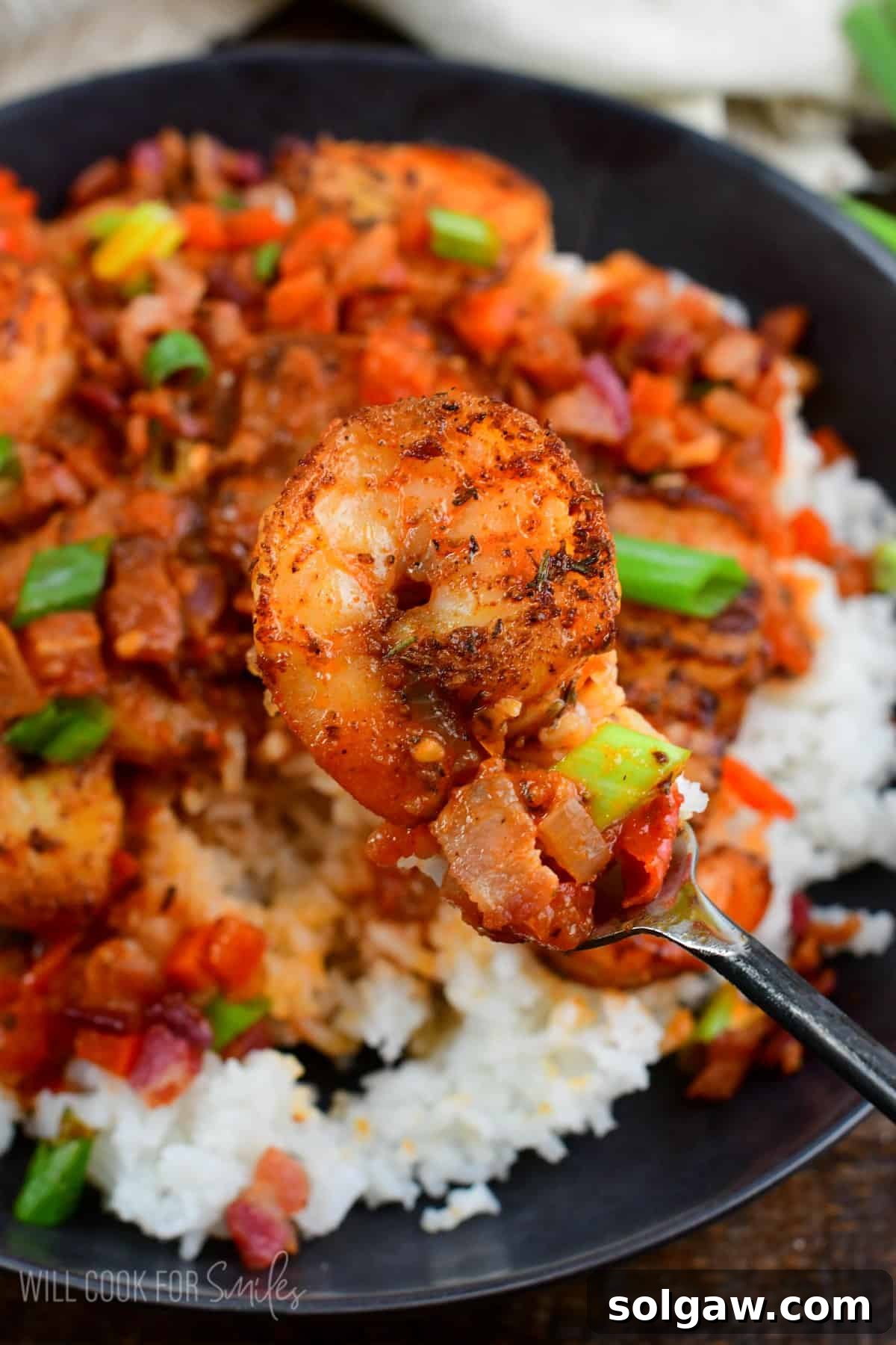 Bayou Shrimp and Rice 6 A close-up shot of Cajun shrimp and rice in a bowl, with a single shrimp impaled on a fork, highlighting the succulent shrimp and textured rice.