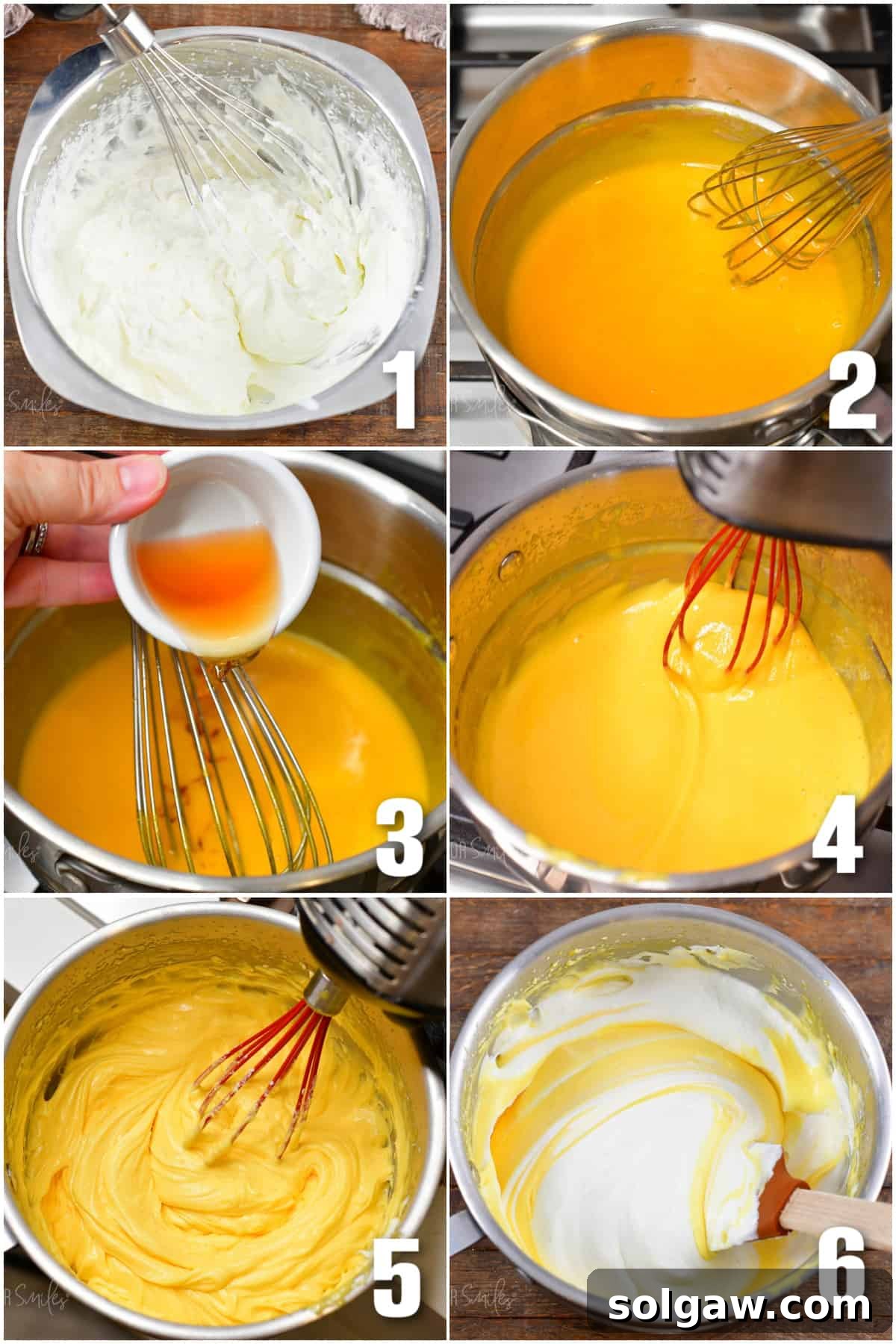 collage of six images of preparing the mascarpone cream and egg filling for tiramisu.