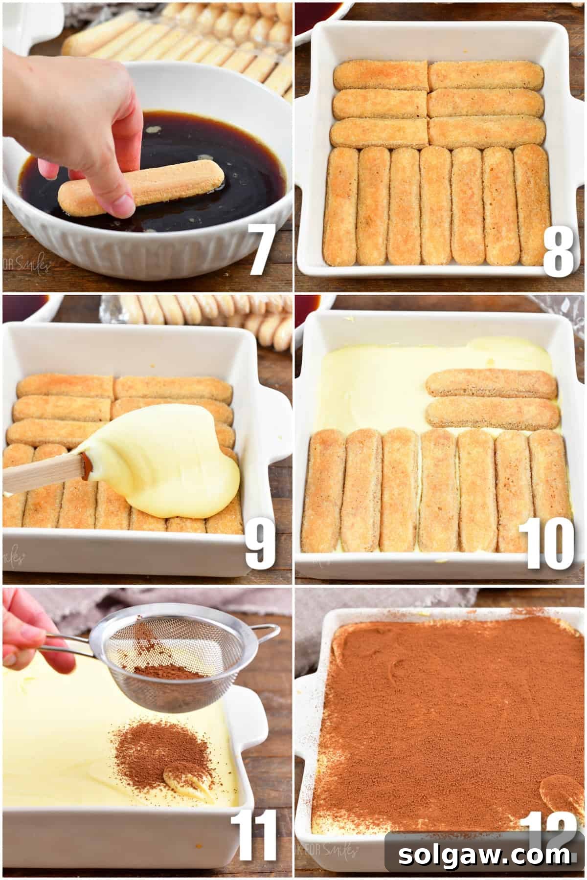 collage of six images of layering cookies and cream filling for tiramisu.