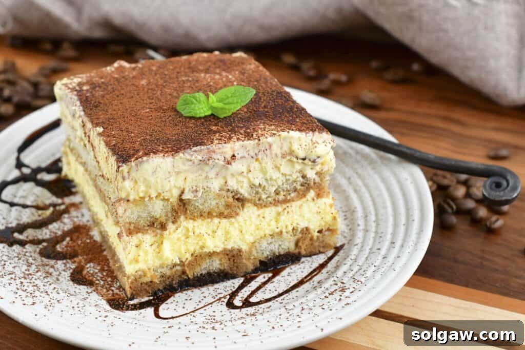 slice of tiramisu with a piece of mint on top on a plate.