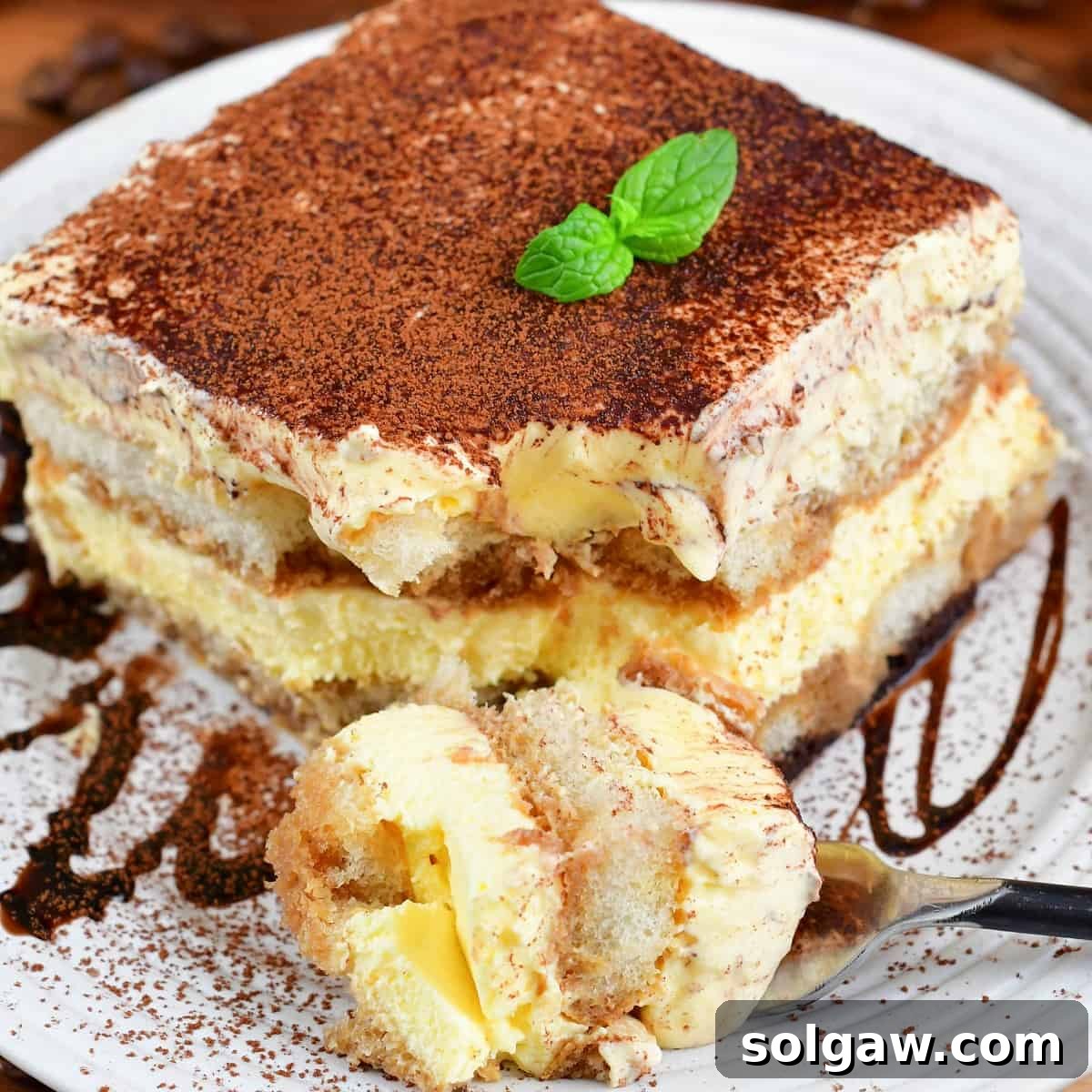 closeup squared view of a slice of tiramisu with piece taken out.