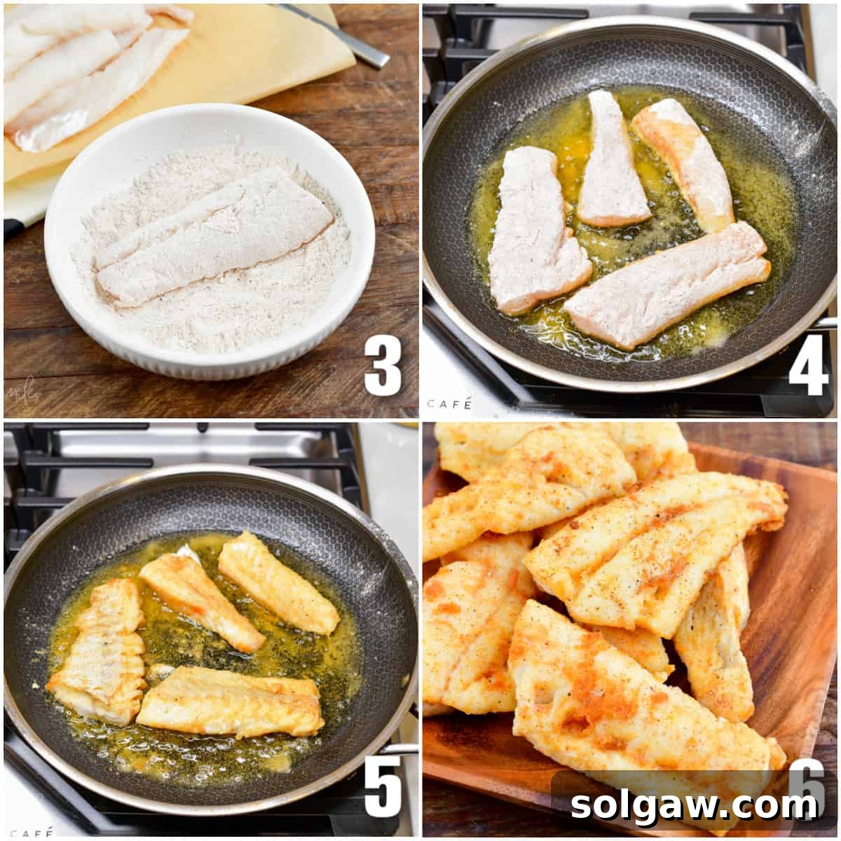 Collage of four images of coating fish in flour mixture then pan frying fish, cooked fish on a wood plate.