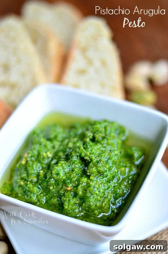 Lemon Pistachio Arugula Pesto in a bowl 