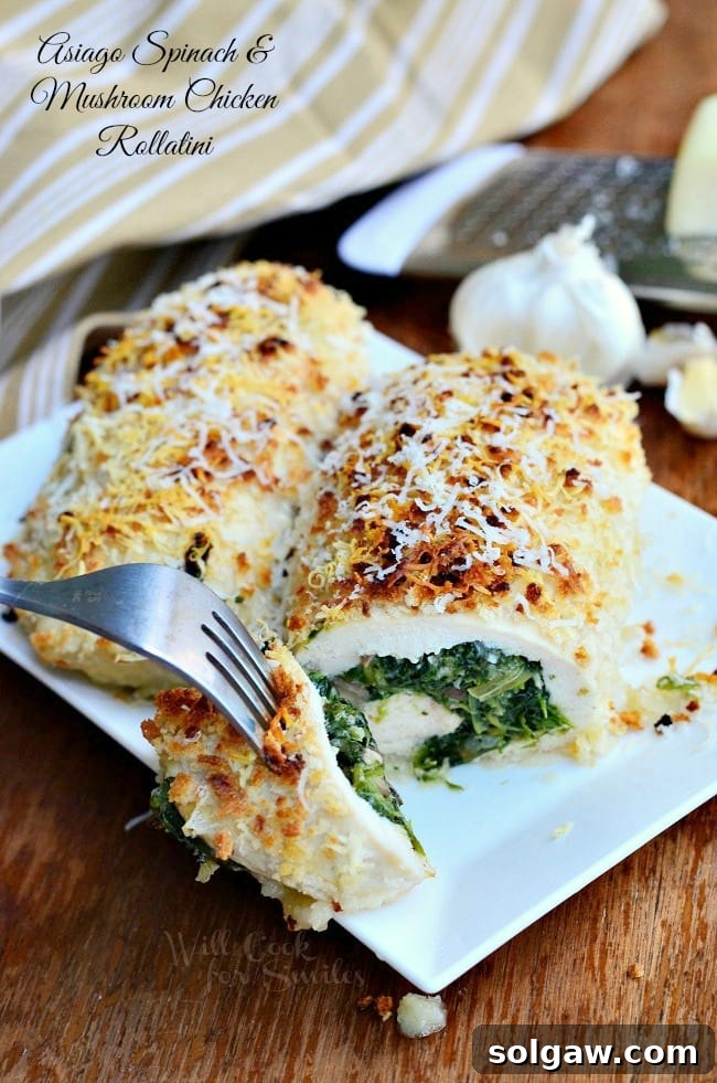 Asiago Spinach & Mushroom Chicken Rollatini on a plate with a fork with a piece on it on a white plate 