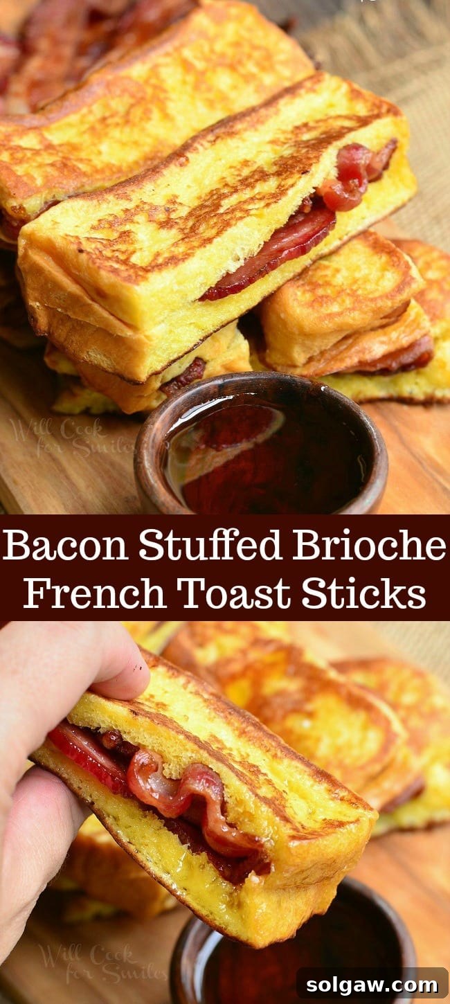 Two-part collage showing stacked French Toast sticks with bacon on top, and a hand holding one dipped in syrup on the bottom, emphasizing the deliciousness.