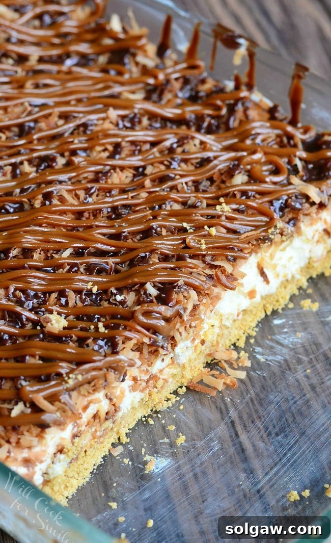 Samoas Cheesecake Bars with caramel and toasted coconut on top on a white plate