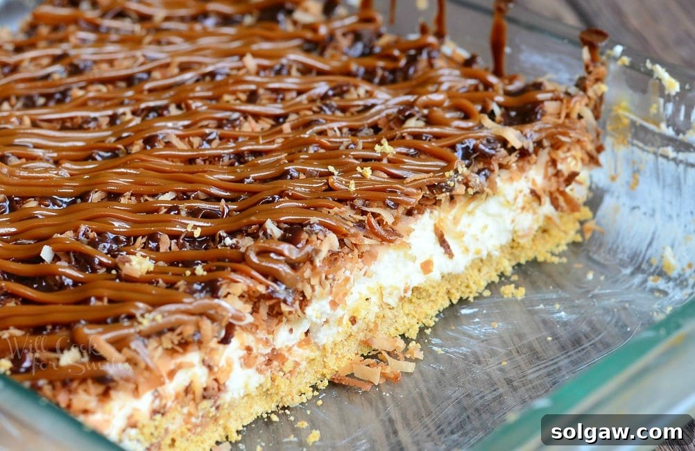 Glass baking dish filled with no bake samoas cheesecake bars