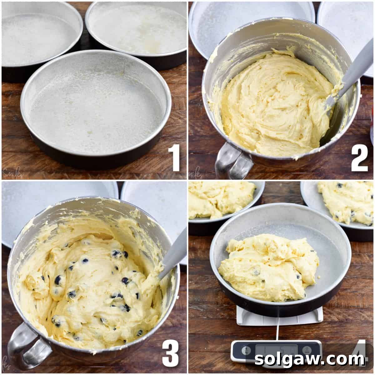 A four-image collage showing the step-by-step process of preparing blueberry cake batter and scooping it into baking pans, demonstrating the consistency and technique involved.