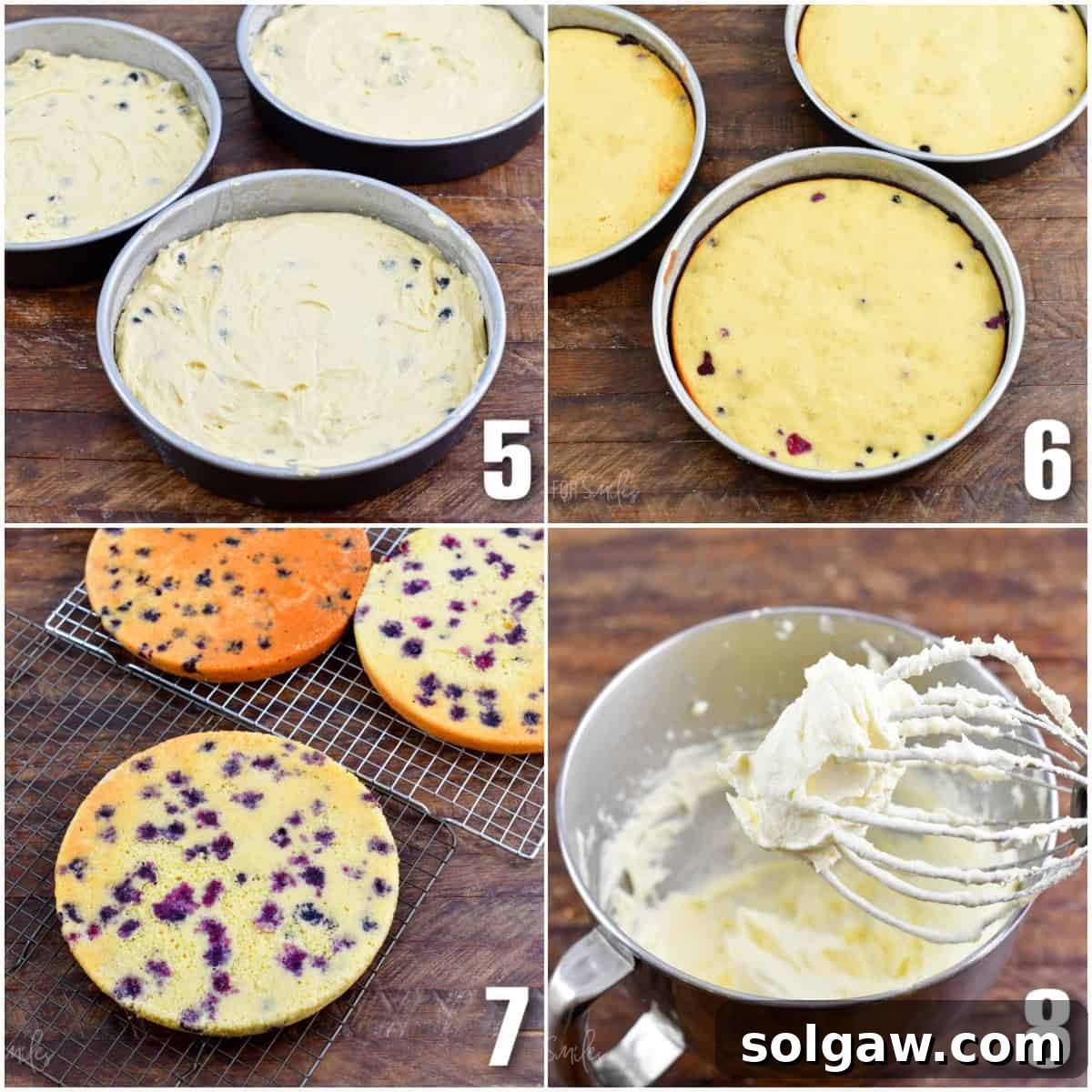 A collage of four images illustrating the process: fresh blueberries being folded into cake batter, batter weighed for even distribution, baked cake layers cooling, and ingredients for cream cheese frosting.