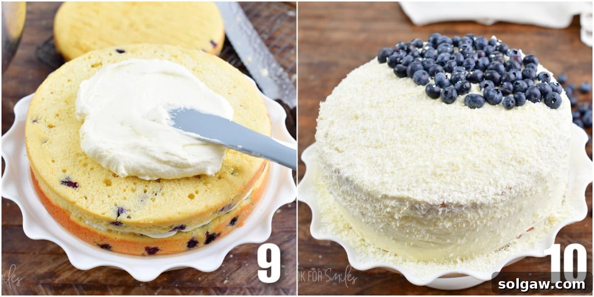 A collage of two images showing the process of frosting a blueberry cake, with cream cheese frosting being spread between layers and fresh blueberries added to the top for decoration.