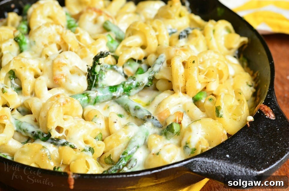 Close up of Extra Cheesy Lemon Asparagus Pasta Skillet presented here in a black skillet. In the skillet, there are many noodles and asparagus covered in a creamy sauce, showcasing the melted cheese and herbs.