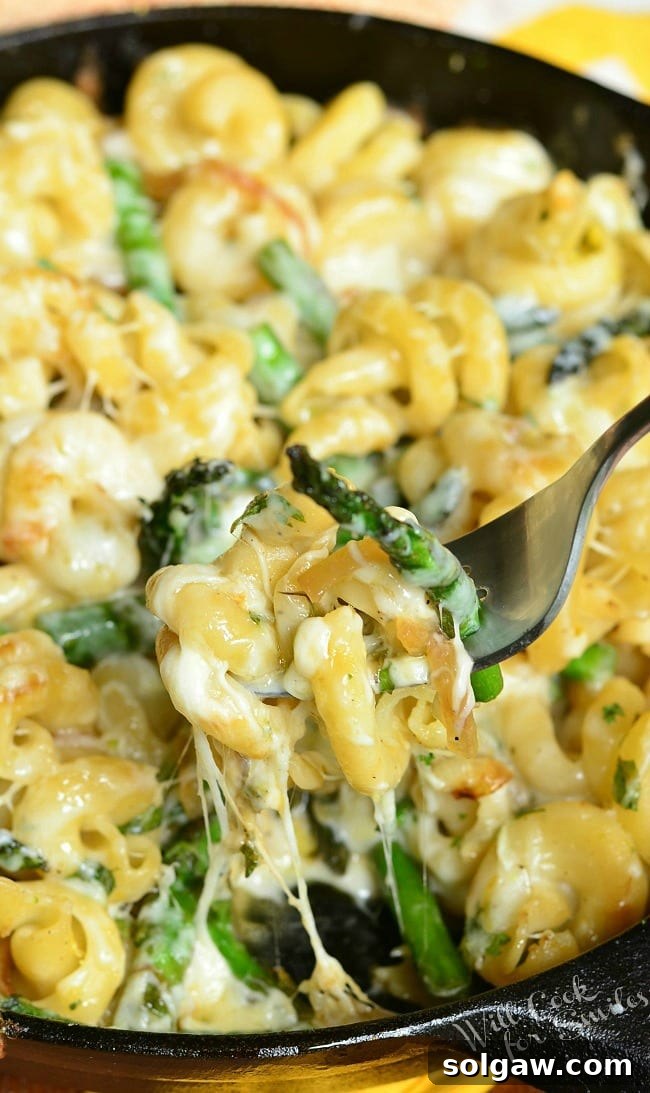 Extra Cheesy Lemon Asparagus Pasta Skillet is presented here in a black skillet. In the skillet, there are many noodles and asparagus covered in a creamy sauce. A fork is above the skillet holding some of the pasta up, showing its texture.